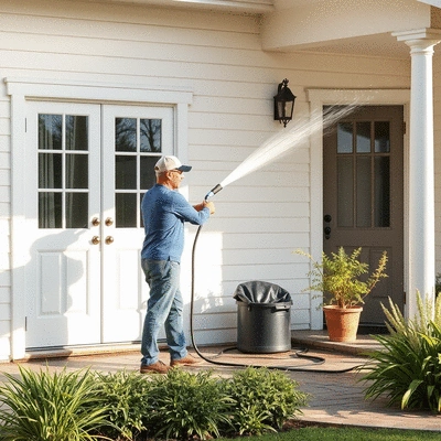 User power washing home exterior